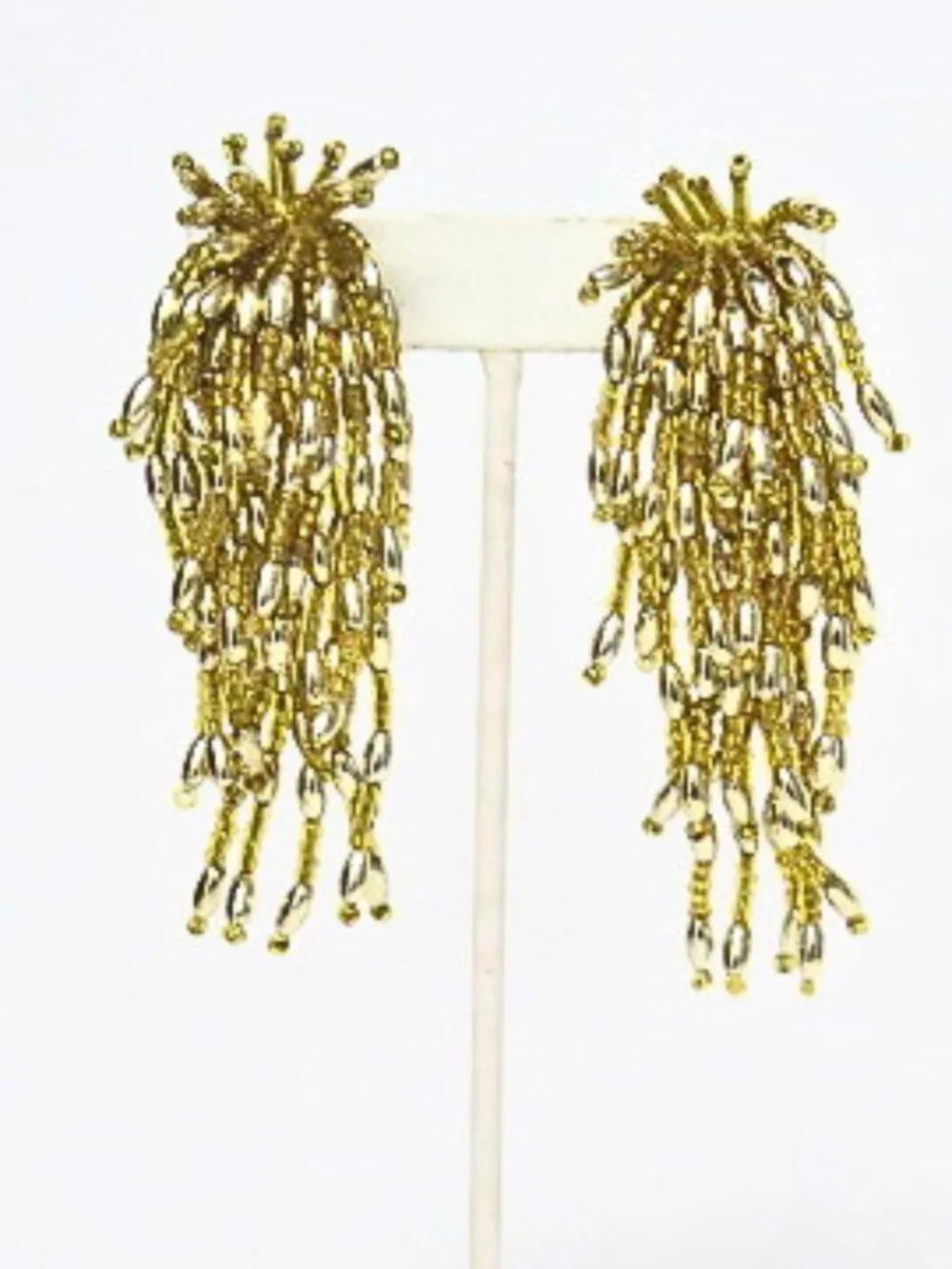 Vintage Gold Tone Waterfall Tassel Clip-On Earrings Statement Estate Jewelry